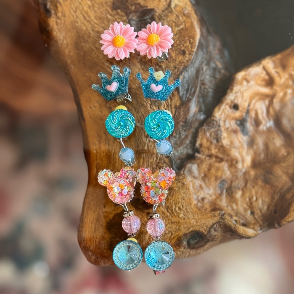 Children Colorful Floral and Crown Clip-on Earrings Set(5 earrings)